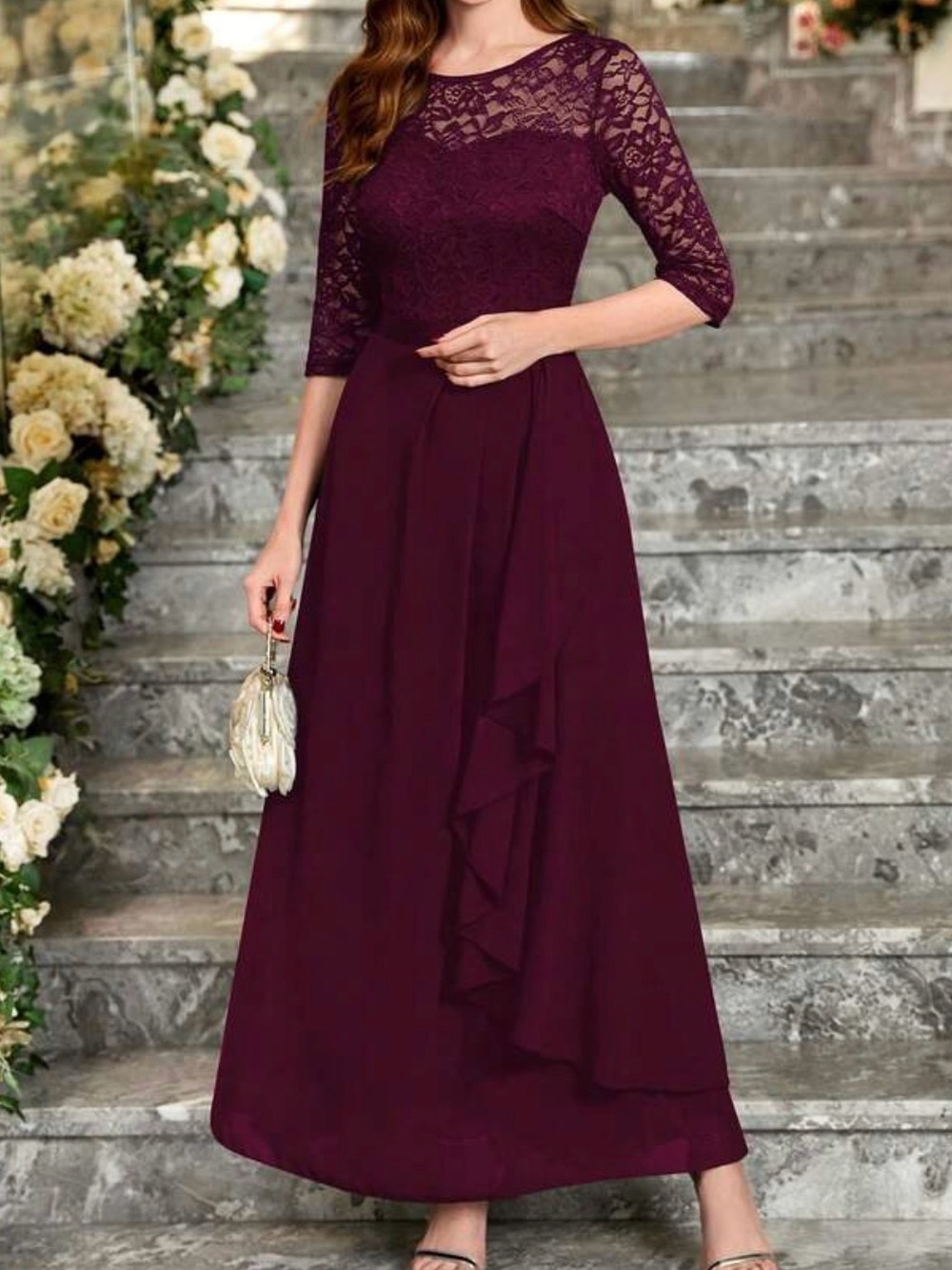 Miusol Burgundy Lace High-Low Evening Dress
